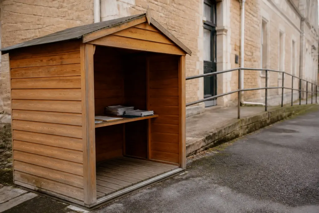 Petit abri jardin bois devant mairie avec formulaires administratifs