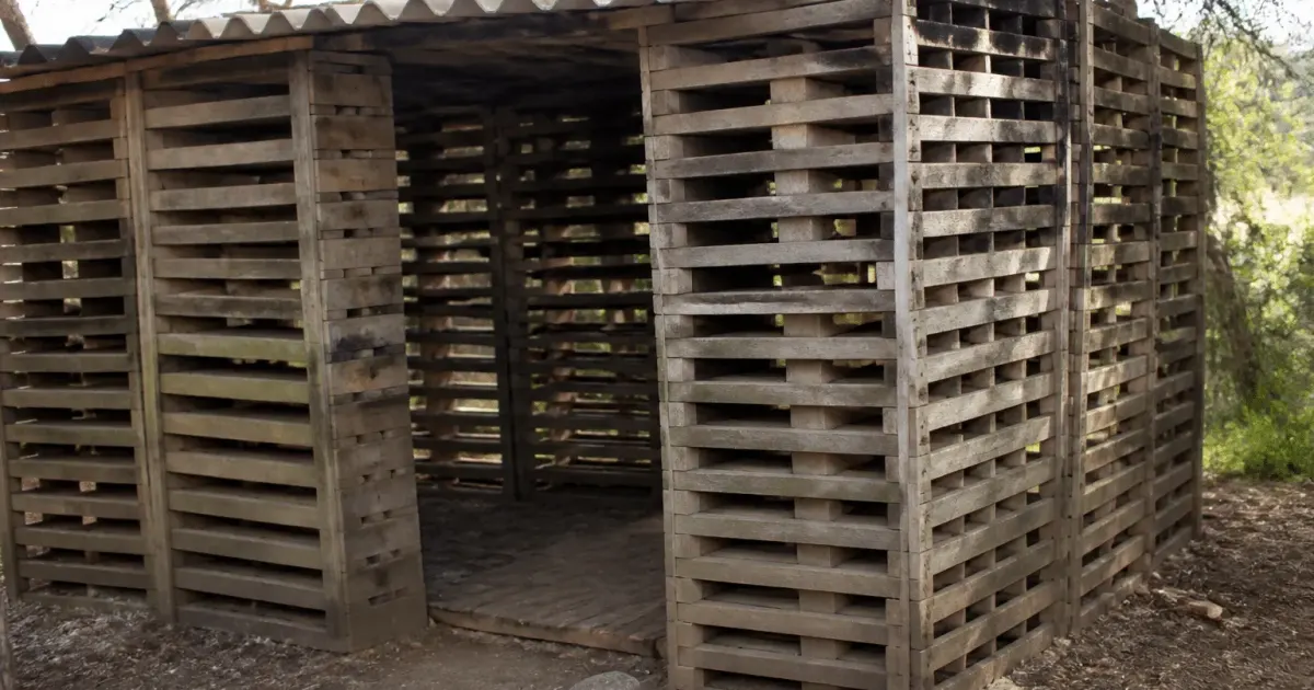 Palettes en bois empilees verticalement formant structure abri