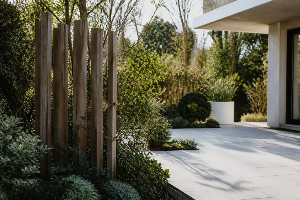 Planches verticales espacees dans jardin moderne lumineux