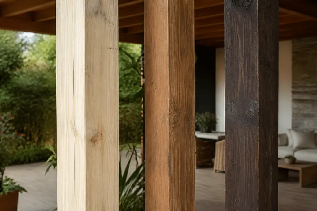 Trois bois de pergola affichant teintes naturelles différentes