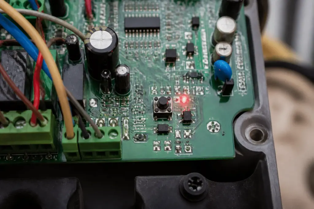 Carte electronique moteur portail avec bouton PROG et LED recepteur