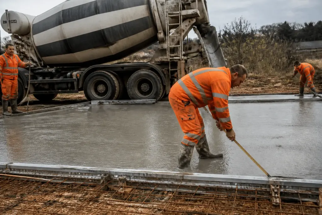 Chantier avec camion toupie et mesure surface béton