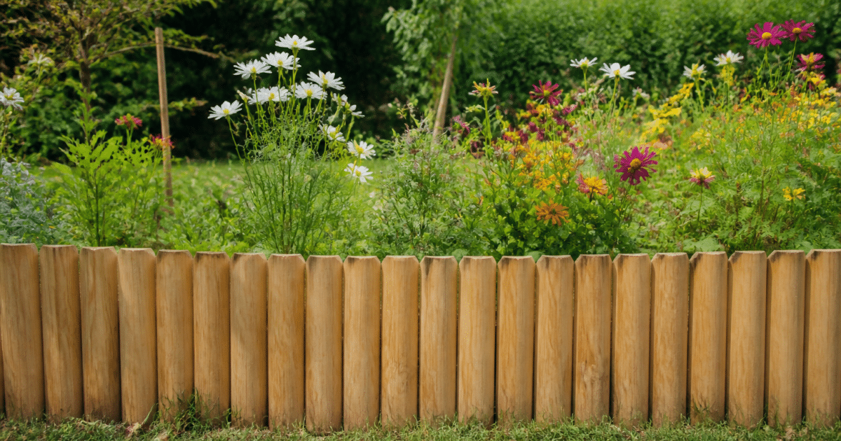 Cloture en bois vertical encadrant parterre de fleurs