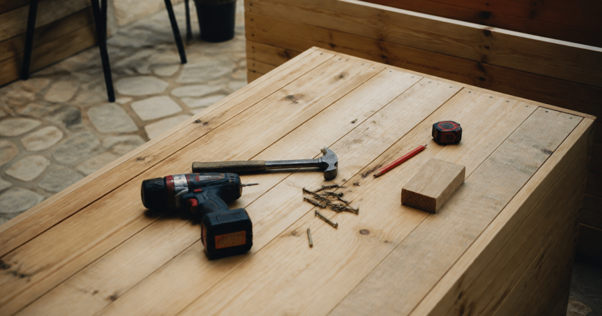 Planches bois assemblees avec outils construction coffre rangement