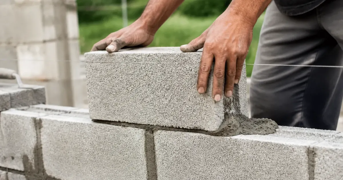 Mains empilant blocs beton gris pour structure abri