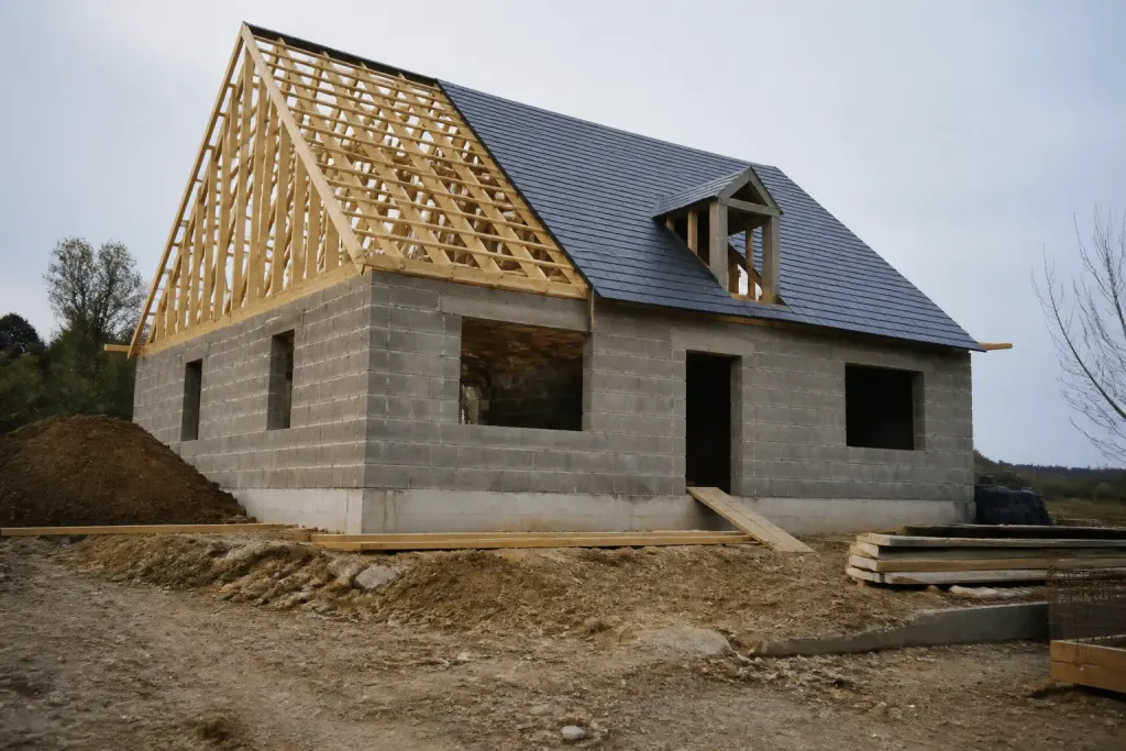 Chantier montrant fondations, charpente bois et toiture grise