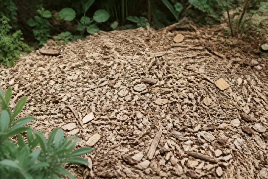 Couches de copeaux bois épaisseurs variées sol jardin