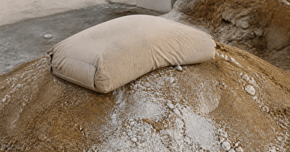 Sac de ciment posé sur tas de sable granuleux et chaux blanche