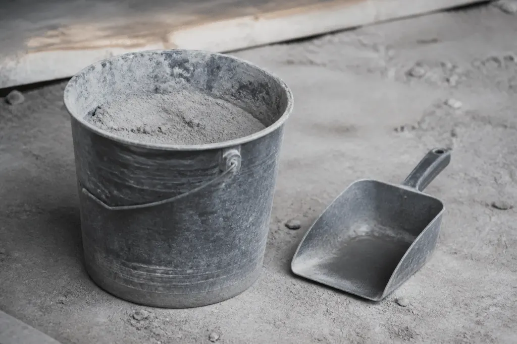 Seau gradué et pelle dosant matériaux de construction gris