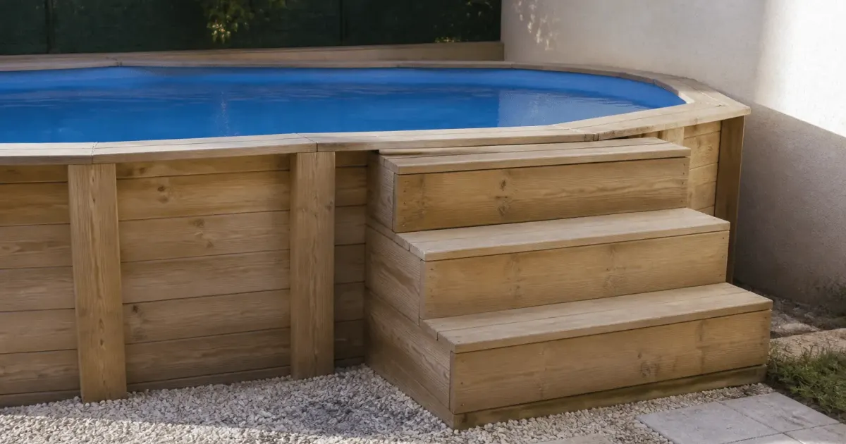 Marches en bois adossees a piscine hors sol exterieure