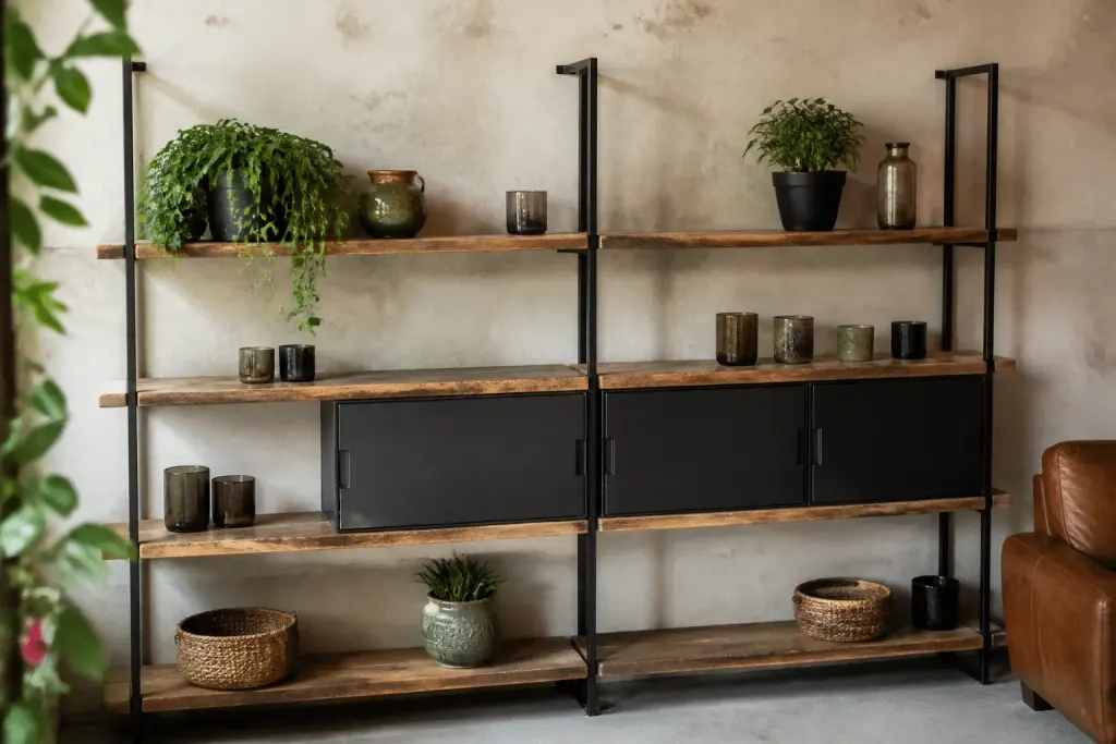Etageres bois metal avec niches fermees et planches recyclees