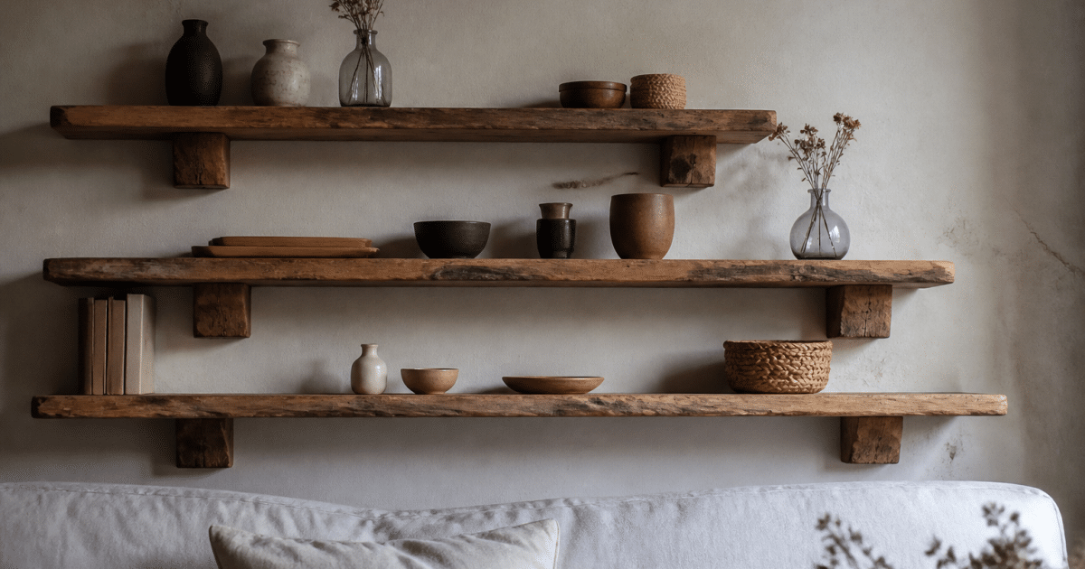 Planches de bois empilees formant etageres murales fixees