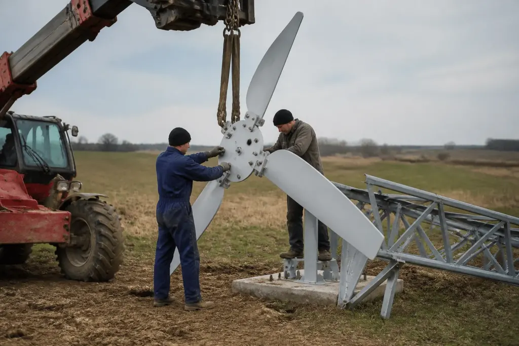 Assemblage progressif de pales, rotor et structure métallique de moulin