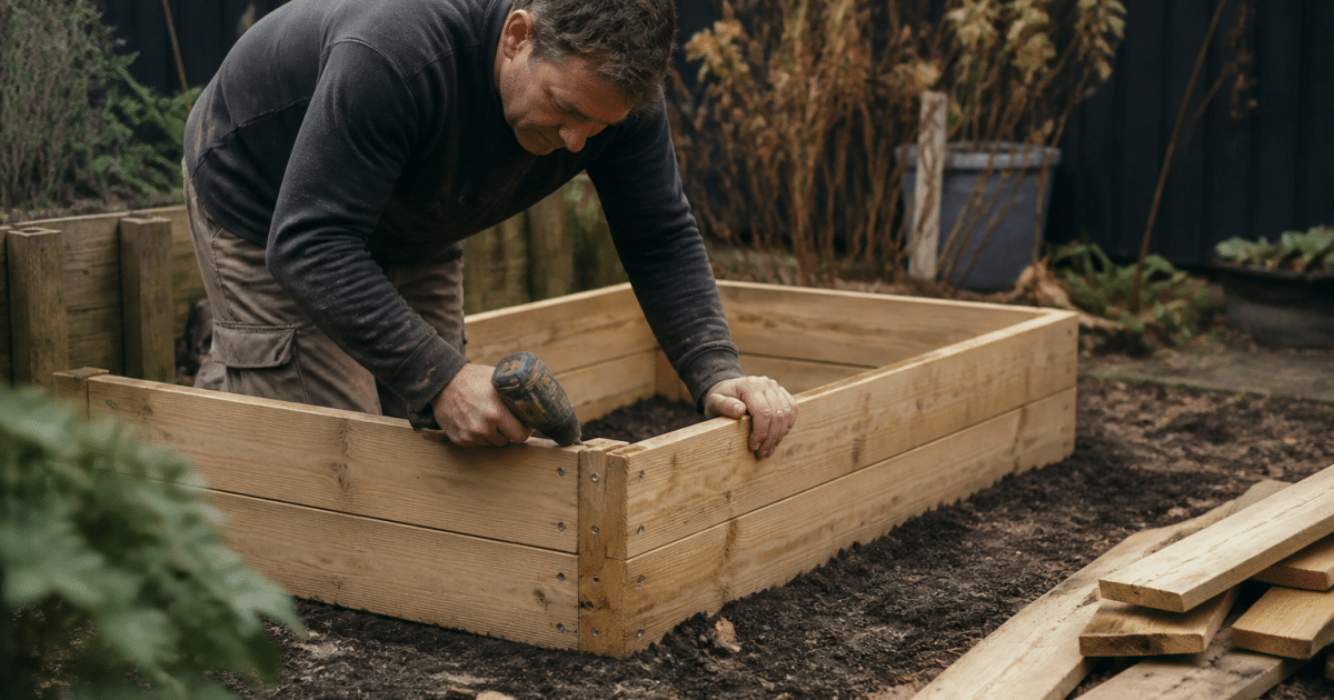 Mains assembling wooden planks into raised garden box structure