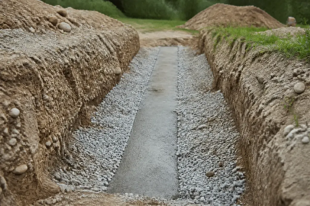 Tranchée excavée avec gravier compacté et semelle beton