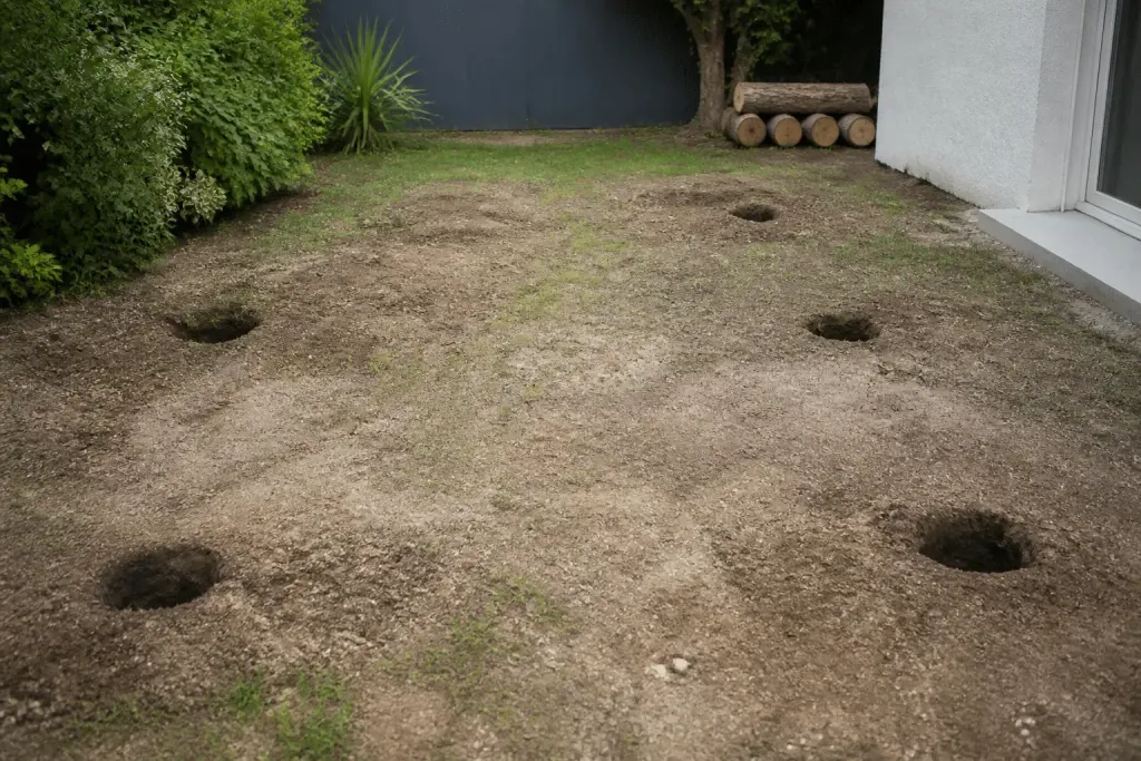 Trous creusés marqués au sol pour fondations pergola