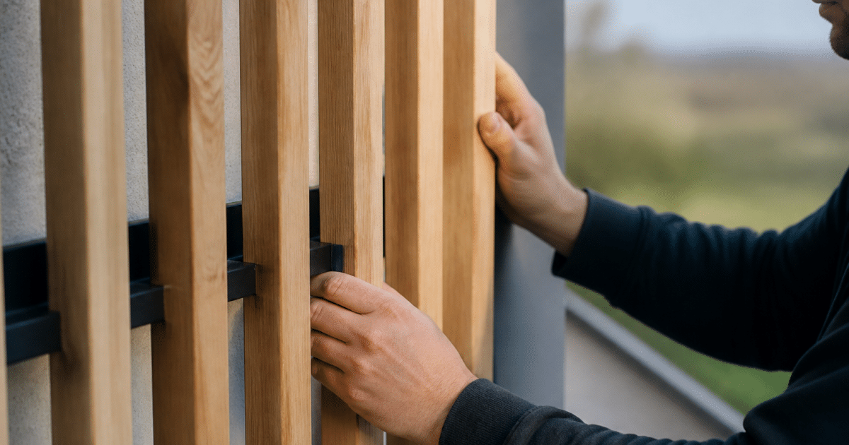 Mains assembles barres bois verticales sur rail horizontal