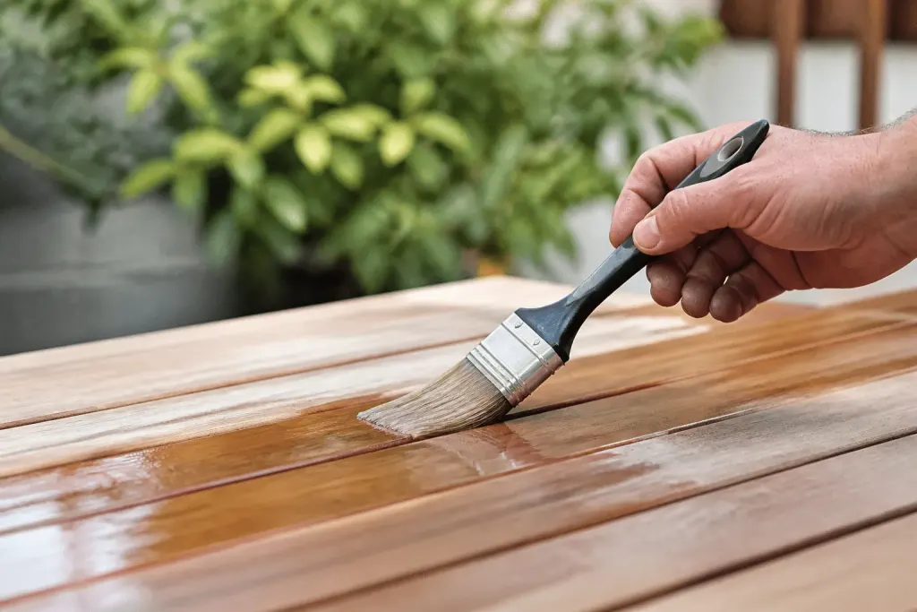 Pinceau appliquant lasure transparente sur bois extérieur