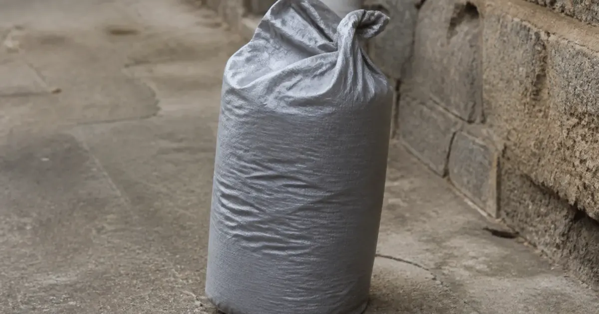 Sac de mortier gris posé verticalement sur sol beton