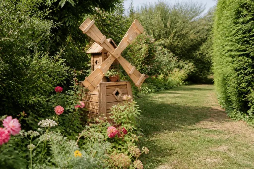 Moulin de jardin installé près des fleurs avec allée dégagée
