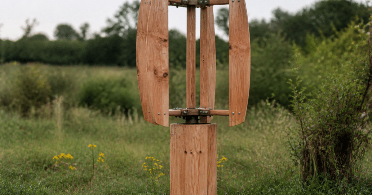 Structure en bois avec pales tournantes orientees verticalement