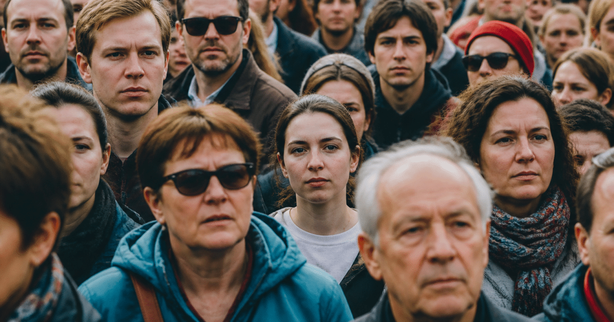 Foule dense de personnes debout face a la camera