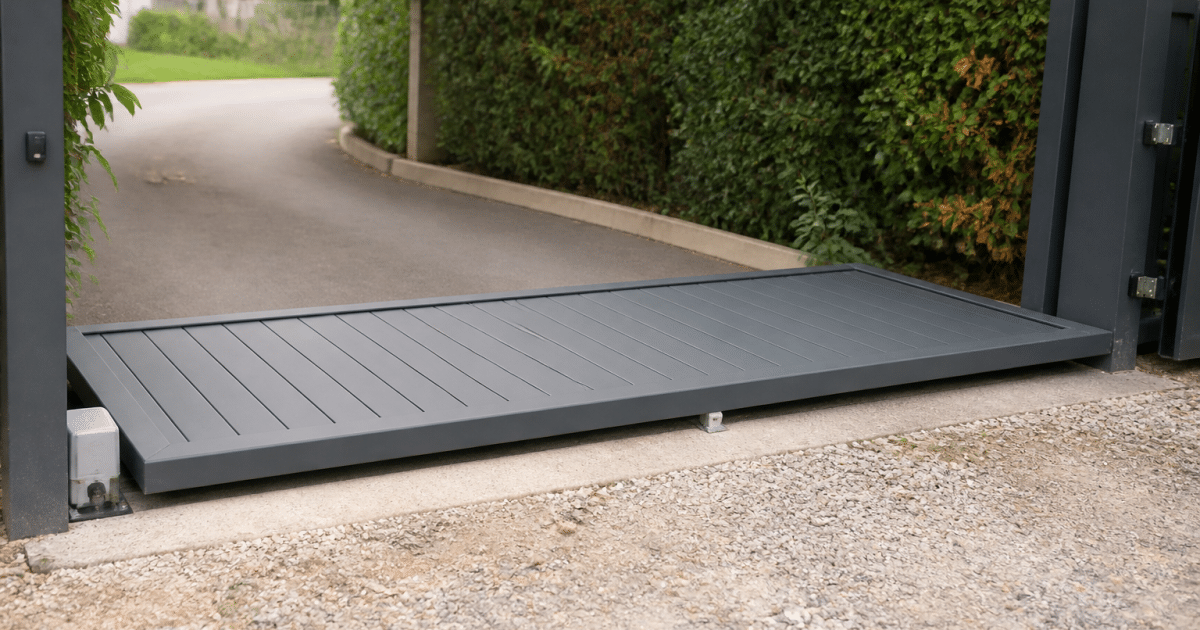 Portail metallique ouvert en grand position horizontale sol