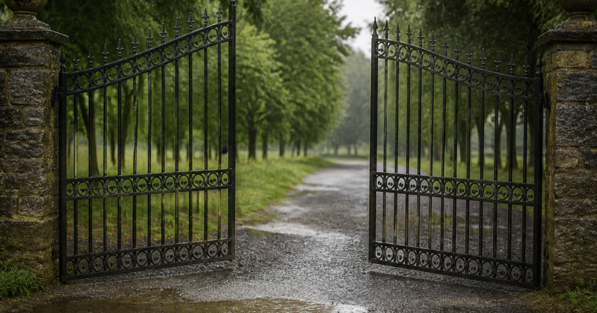 Portail metallique ouvert sous pluie avec gouttes d'eau visibles