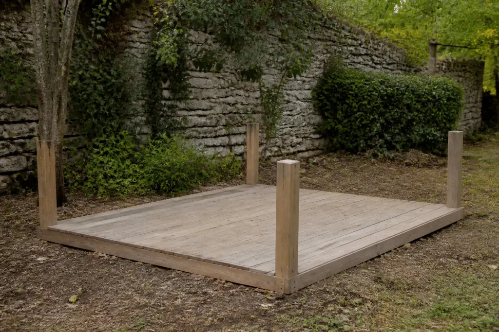 Quatre poteaux fixes aux angles d'une base bois