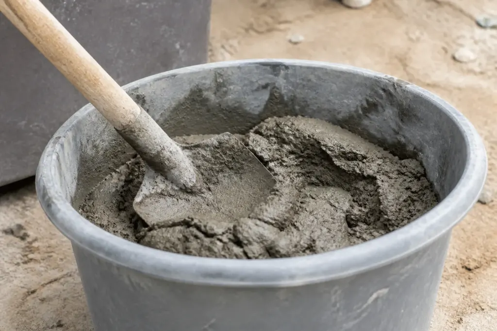 Melange de ciment et sable dans un recipient gris