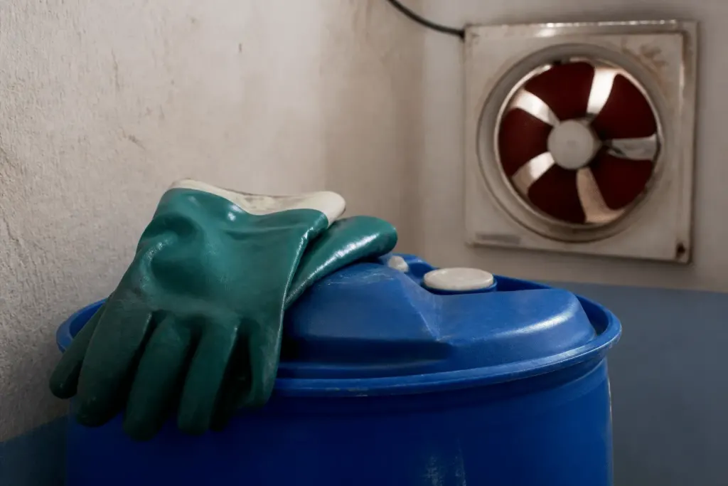 Bidon de produit chimique avec gants de protection et ventilation