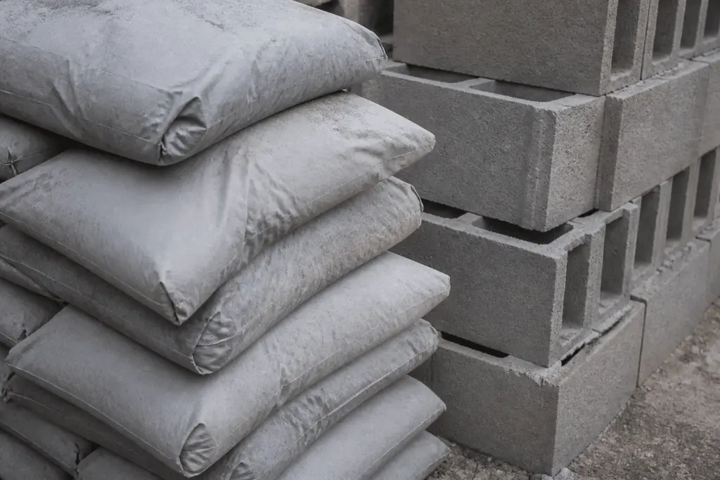 Sacs de ciment gris empilés pres parpaings