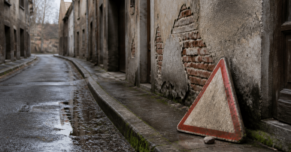 Rues sombres avec batiments delabres et panneaux d'avertissement au sol
