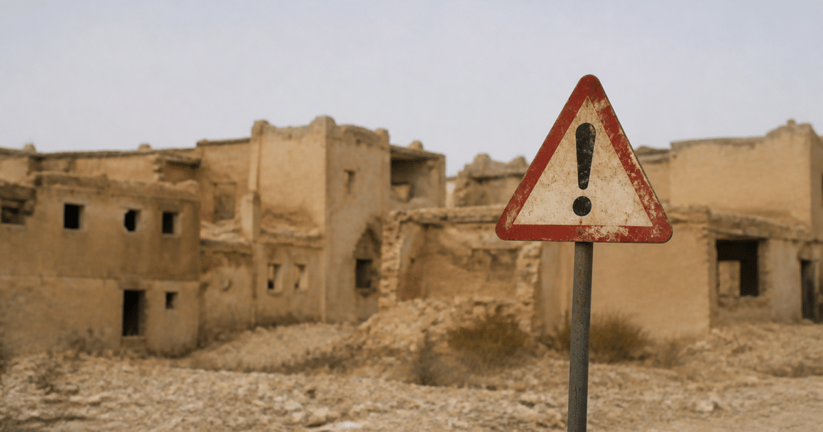 Panneau routier indiquant zone dangereuse avec bâtiments deteriores arriere-plan