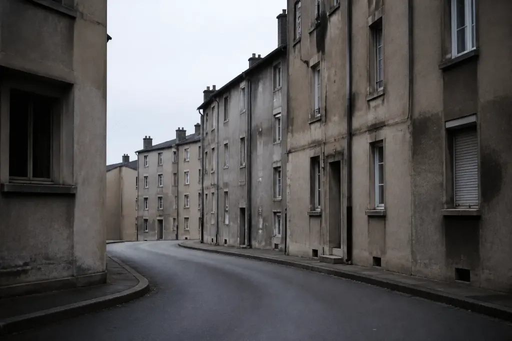 Immeubles gris vieillissants entourant rue deserte sans commerces