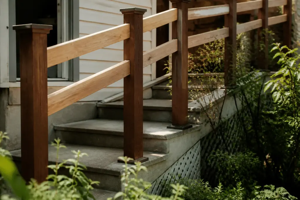 Rampe bois fixée escalier extérieur avec poteaux bruns