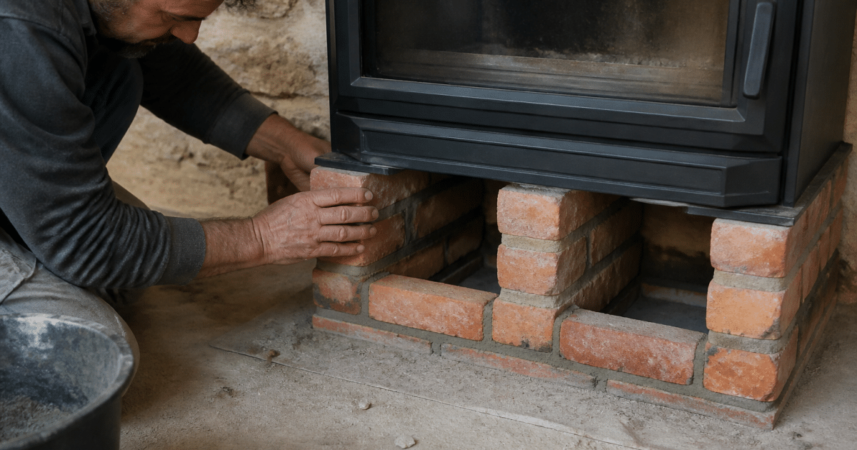 Mains construisant structure brique sous poele fonte