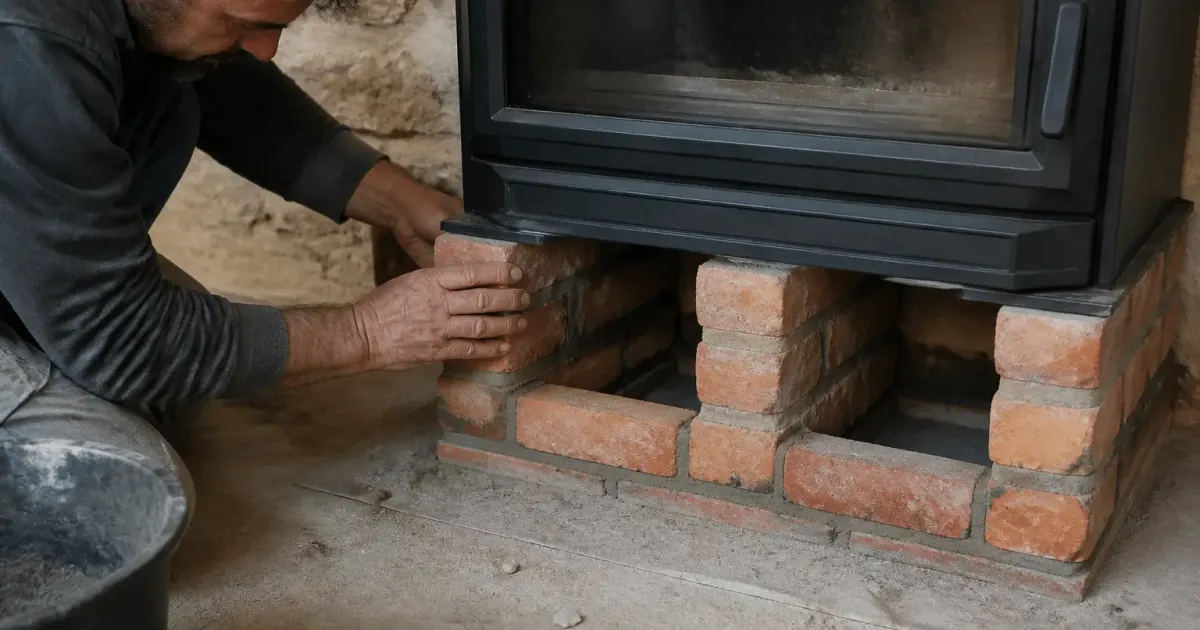 Mains construisant structure brique sous poele fonte