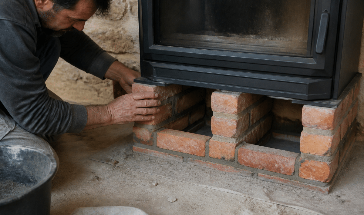Mains construisant structure brique sous poele fonte