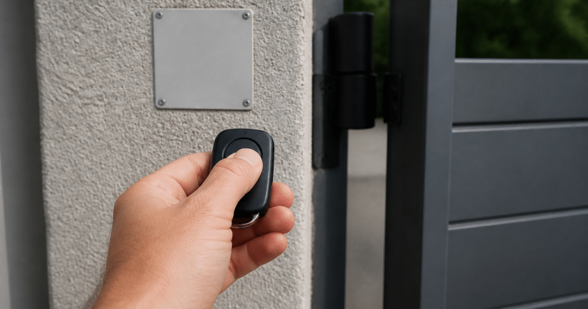 Personne tenant telecommande portail devant panneau instructions