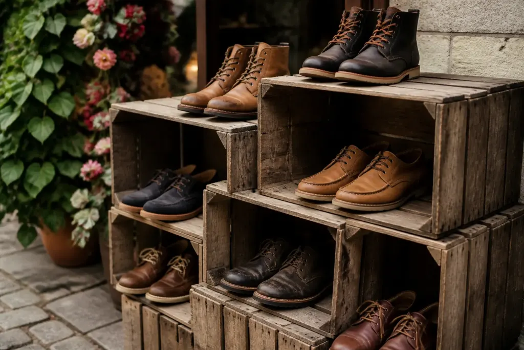 Caisses en bois empilees affichant chaussures