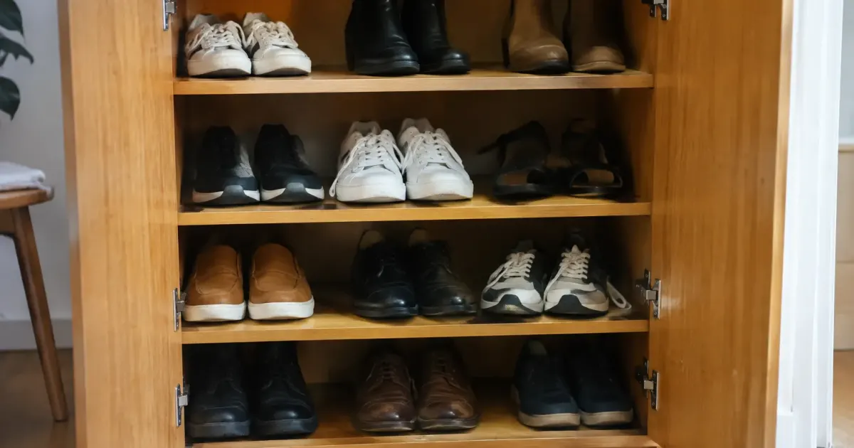 Paires de chaussures sur etageres bois portes ouvertes