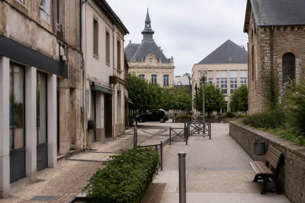 Centre-ville avec commerces, mairie et école visible