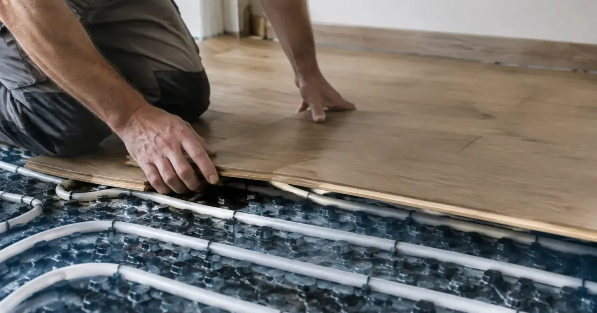 mains posent lames bois sur tuyauterie chauffage sol