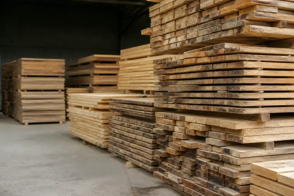 Planches bois empilees selon dimensions et qualite