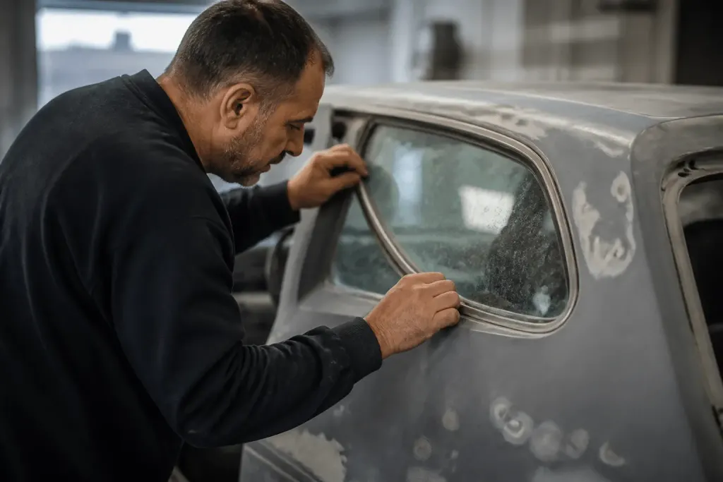 Ouvrier retirant cadre metallique autour vitre endommagee carrosserie
