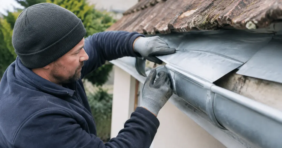 Ouvrier remplace panneau zinc endommagé gouttière toit maison