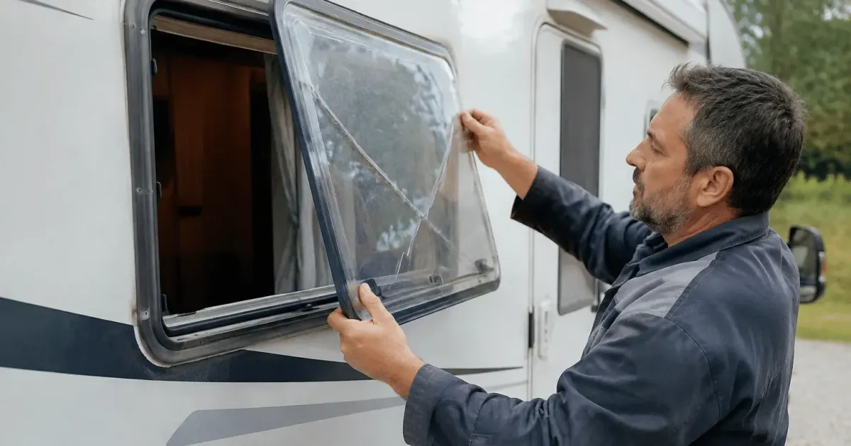 Technicien remplace vitre endommagee sur paroi camping-car
