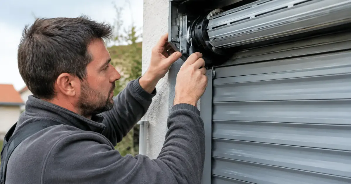 Technicien ajustant mecanisme metallique volet roulant mural gris