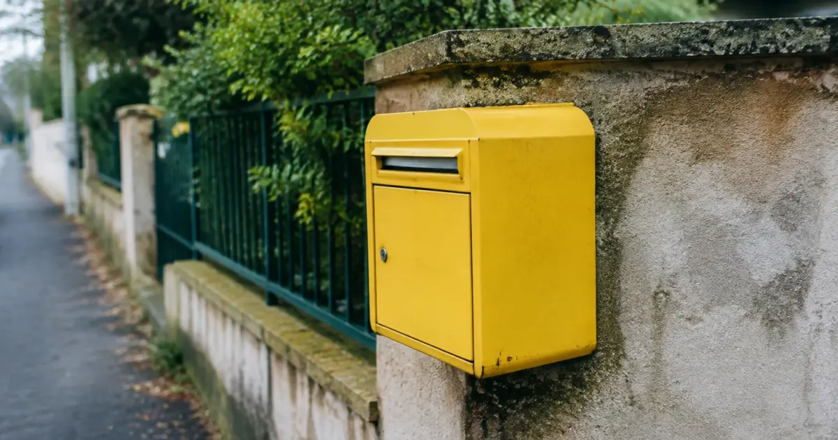 Boite aux lettres jaune fixee sur un muret